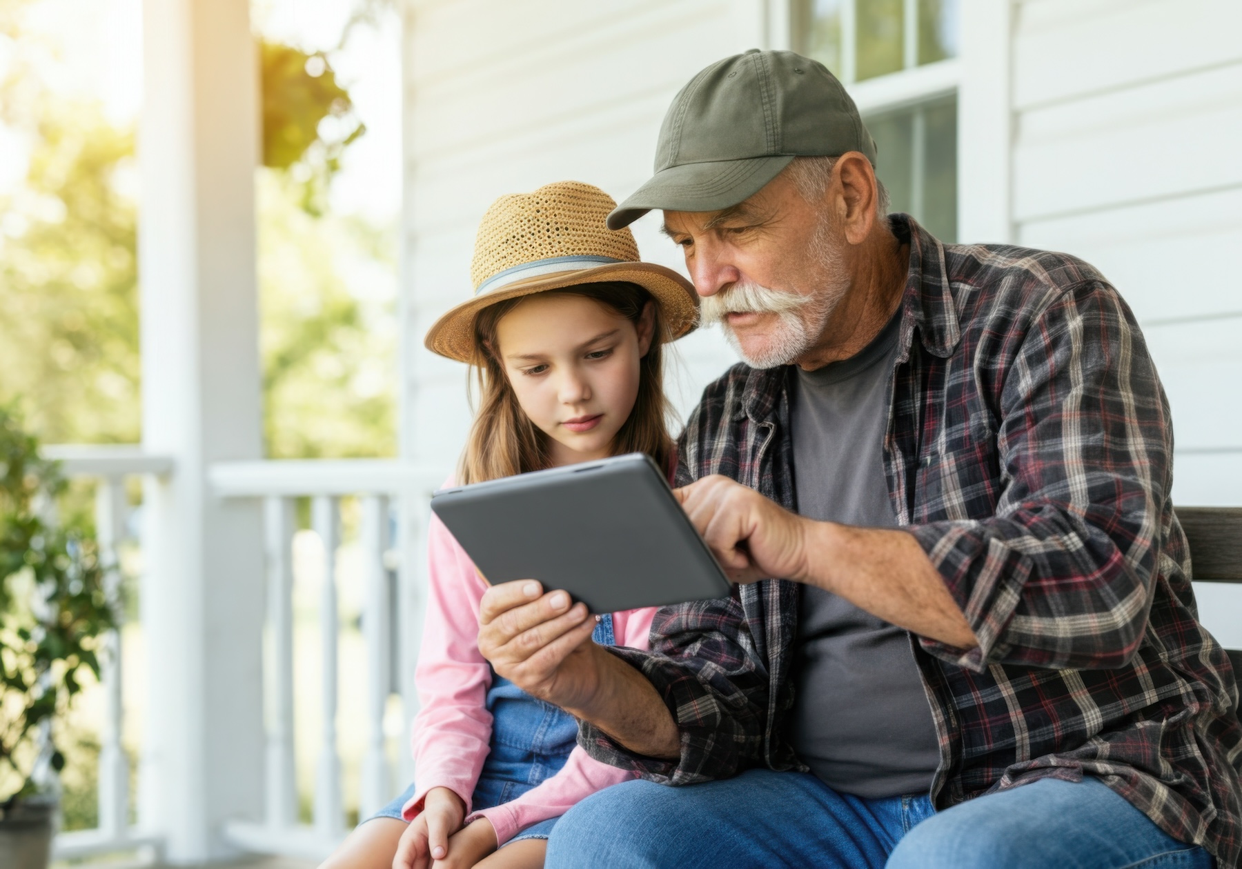 REV Business 2 October Grandfather showing tablet to granddaugther on rural front porch