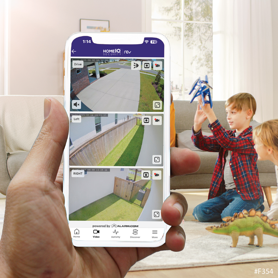 Up close view of REV's HomeIQ® app showing multiple security camera views